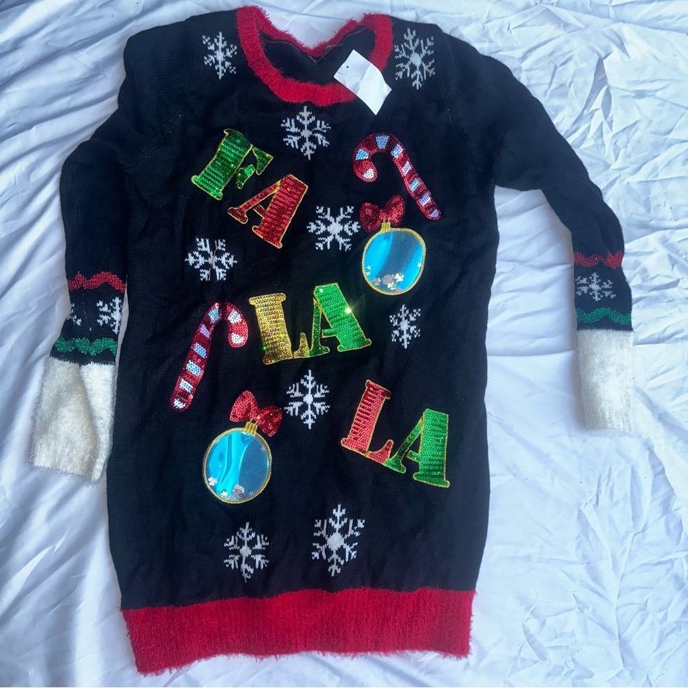Womens Black Sequin Embellished Fa La La Christmas Holiday Sweater Large NWT